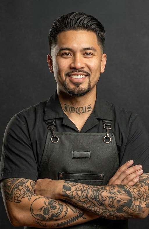 A barber with slicked-back hair and a goatee