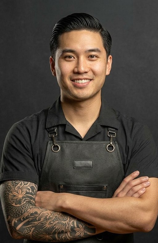 A barber with short dark hair and a sleeve tattoo